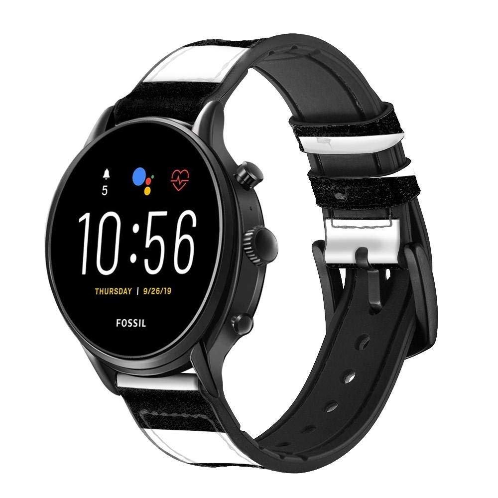 CA0180 Black and White Striped Leather Smart Watch Band Strap for Fossil Hybrid Smartwatch Nate, Hybrid HR Latitude, Hybrid Smartwatch Machine Size (24mm)