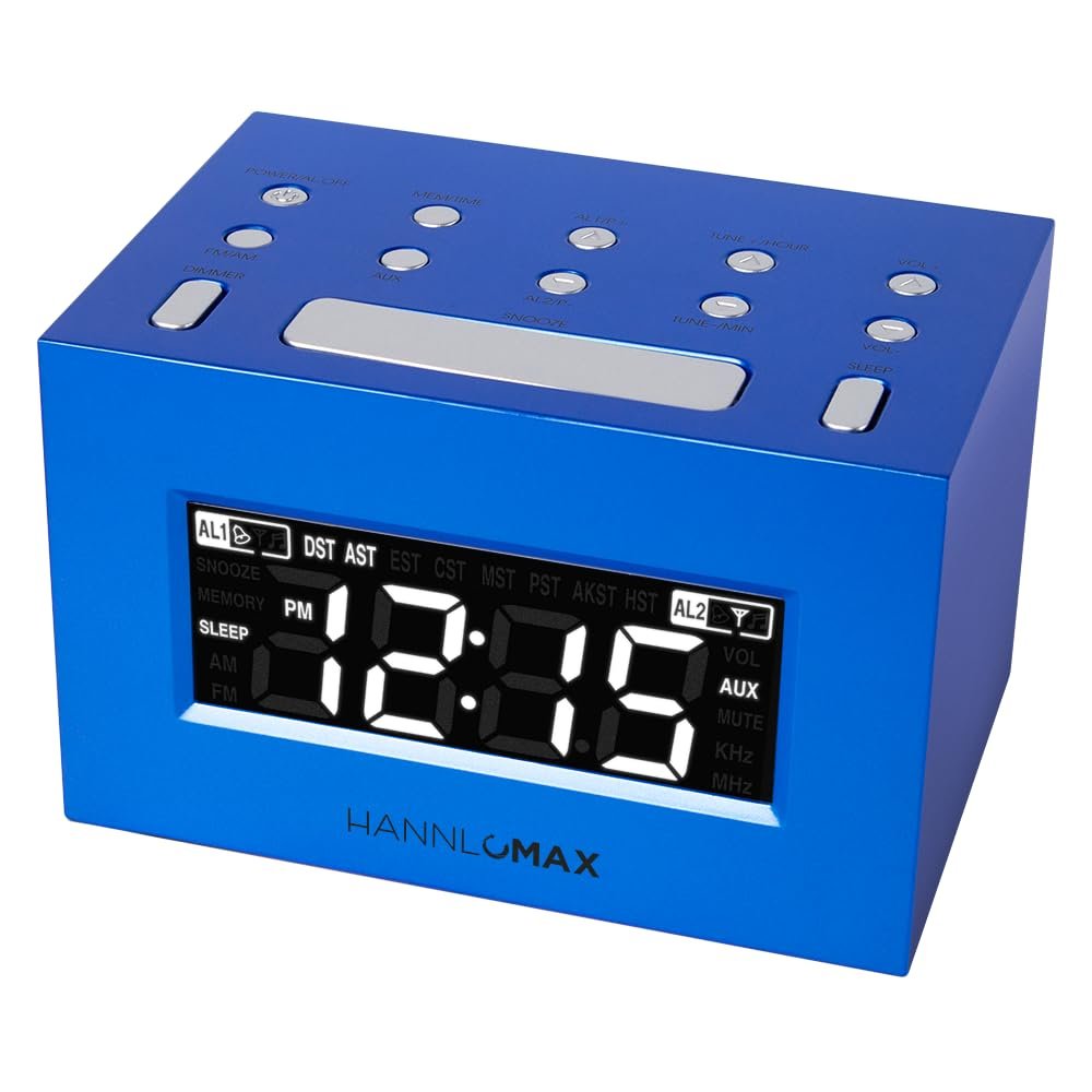 HANNLOMAX HX-111CR Alarm Clock Radio, PLL AM/FM Radio, Dual Alarm, White LED Display, Auto DST, Aux-in Jack. (Blue)