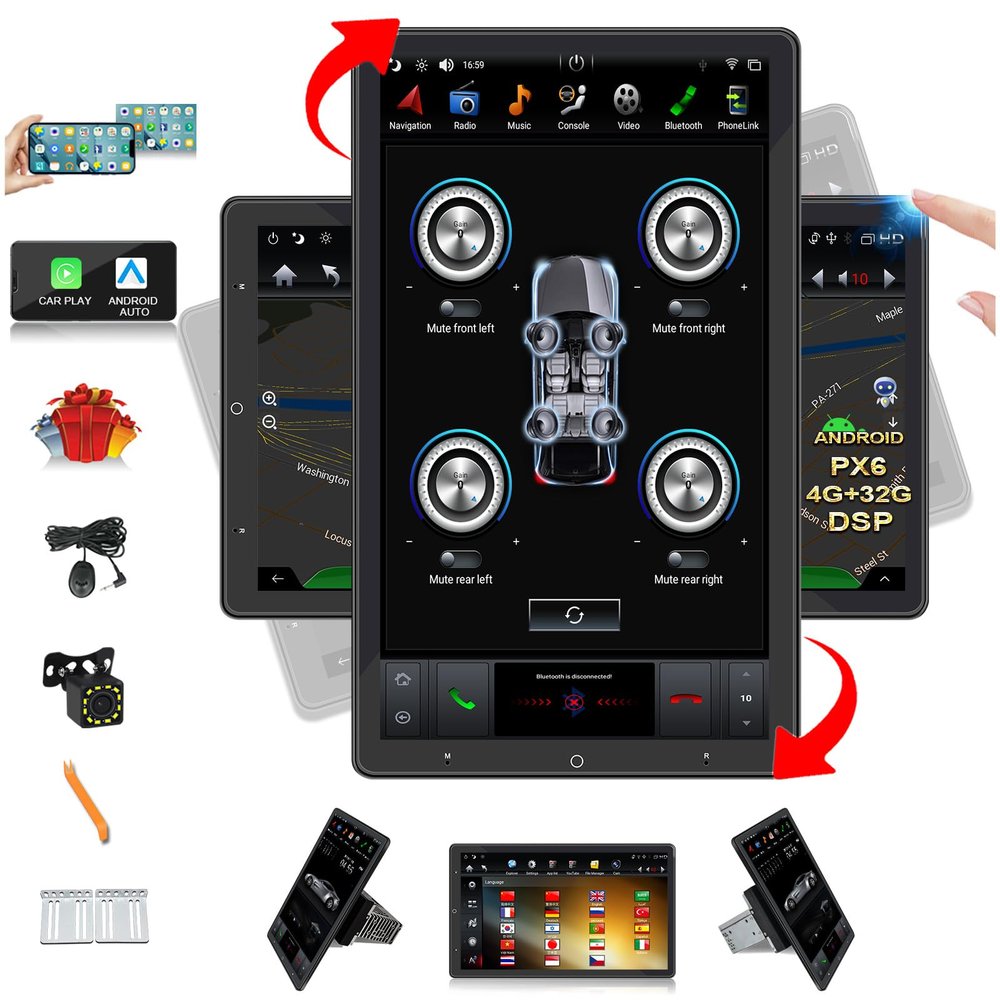 13.6 Inch Android Car Stereo Radio GPS Navigation Double DIN 1920X1080 Universal Vertical Screen Touch Multimedia Player PX6 4G+32G Rotation in Dash Kit Audio for Toyota Ford Honda Nissan Chevrolet