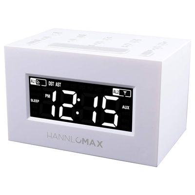 HANNLOMAX HX-111CR Alarm Clock Radio, PLL AM/FM Radio, Dual Alarm, White LED Display, Auto DST, Aux-in Jack. (White)