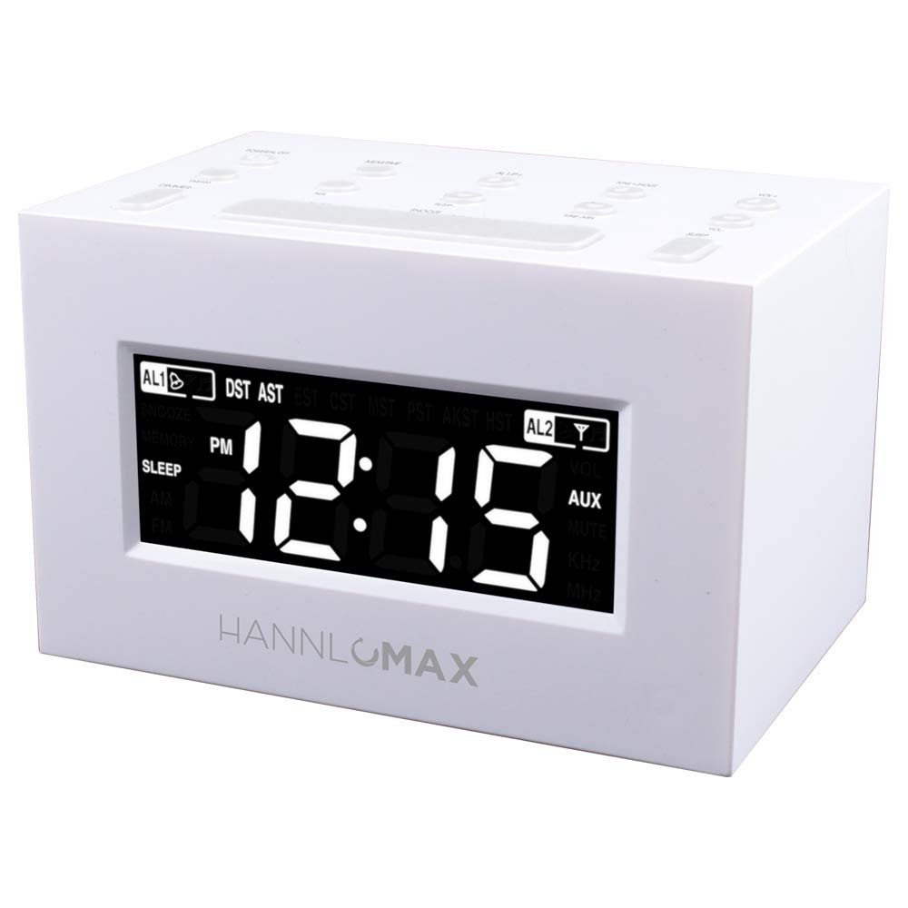 HANNLOMAX HX-111CR Alarm Clock Radio, PLL AM/FM Radio, Dual Alarm, White LED Display, Auto DST, Aux-in Jack. (White)
