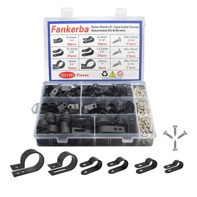 153 Pcs 6 Size Nylon Black R-Type Cable Clamp Electrical Clips Fasteners Assortment kit +153 pcs Mounting Screws/Organizer Cord Clips for Wire Management