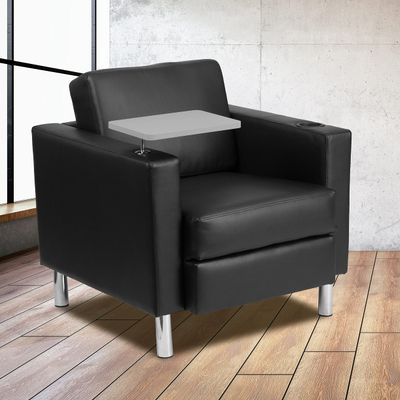 BizChair Black LeatherSoft Tablet Arm Chair, Tall Chrome Legs and Cup Holder