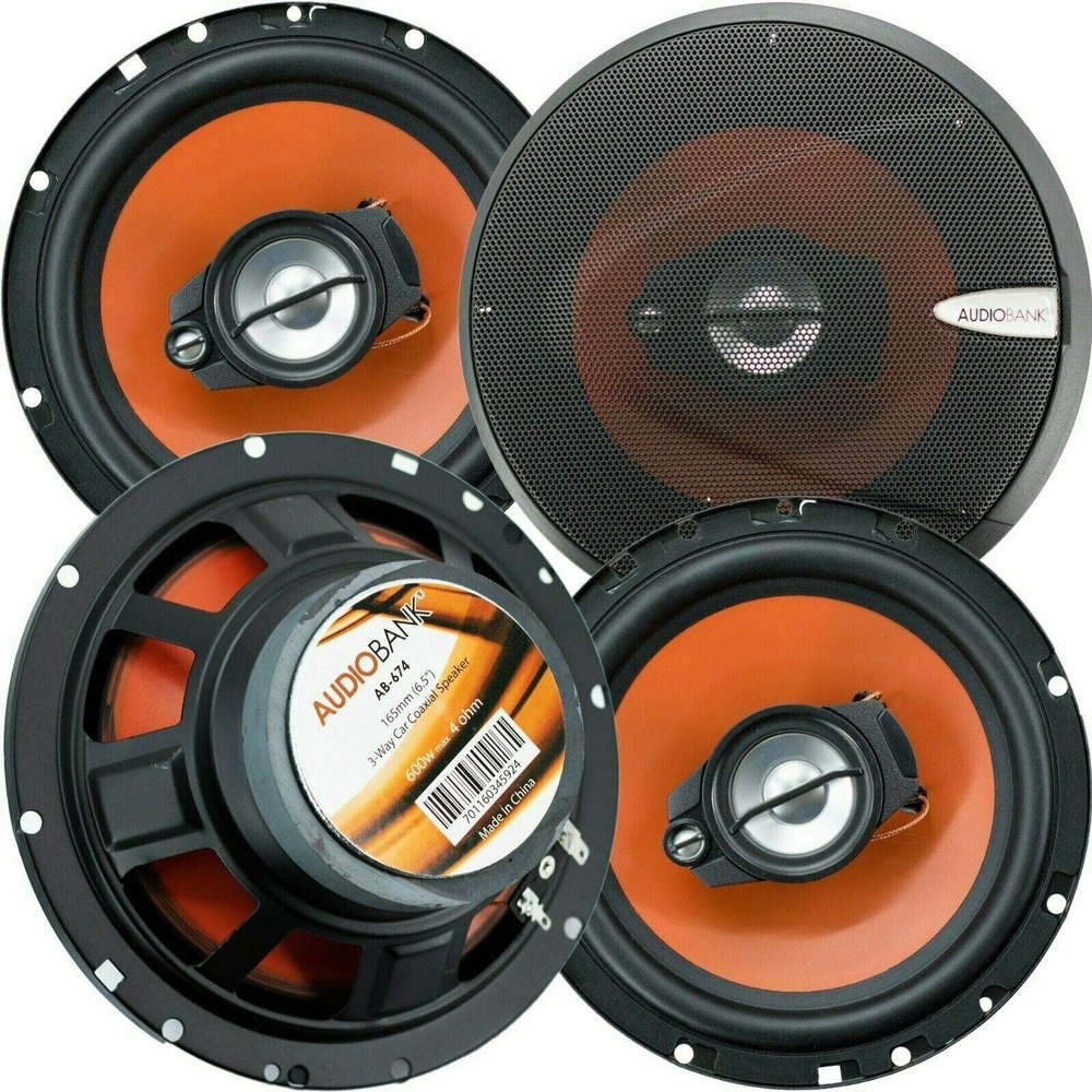 4X Audiobank AB674 6.5-Inch 600 Watts Peak Power Handling 3-Way G-Series Car Audio Stereo Coaxial Speakers with Grill Polypropylene with MICA Cone Woofer 4 Ohms