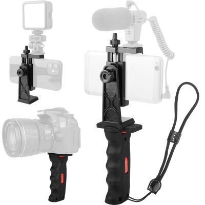 Vlogging Holder, Cell Phone Camera Handle Grip Stabilizer, Ergonomic Phone Video Stabilizer, Handheld Selfie Stick Smartphone Holder with Cold Shoe Mount for Mic/Flash Light, Wrist Strap