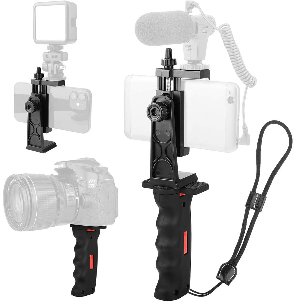 Vlogging Holder, Cell Phone Camera Handle Grip Stabilizer, Ergonomic Phone Video Stabilizer, Handheld Selfie Stick Smartphone Holder with Cold Shoe Mount for Mic/Flash Light, Wrist Strap