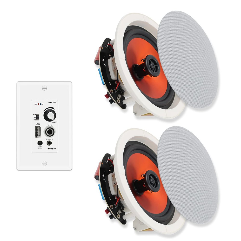 Herdio 6.5 Inch Ceiling Speakers Bluetooth (Pairs) 300 Watt Flush Mount in Wall Amplifier Receiver Suitable for Indoor Home & Covered Outdoor Porch