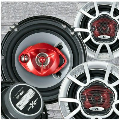 4X Soundxtreme ST-603 6-Inch 3-Way 350 Watts Maximum Power Coaxial Car Audio Speakers with PEI Dome Tweeter 4 Ohms Impedance, 89 dB Sensitivity, Frequency 65 Hz - 20kHz