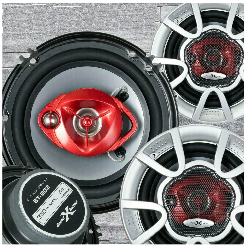 4X Soundxtreme ST-603 6-Inch 3-Way 350 Watts Maximum Power Coaxial Car Audio Speakers with PEI Dome Tweeter 4 Ohms Impedance, 89 dB Sensitivity, Frequency 65 Hz - 20kHz