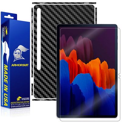 ArmorSuit MilitaryShield Black Carbon Fiber Skin Vinyl Wrap + HD Clear Screen Protector Designed for Samsung Galaxy Tab s7 plus+ 12.4 Inch (2020 Release) - Anti-Bubble Film