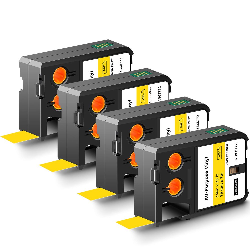KCMYTONER All-Purpose Vinyl Labels Black Print on Yellow Tape 3/4" x 23 ft (19mm x 7m) Compatible for Dymo 1868772 Replacement for Rhino XTL-300 XTL-500 Label Makers, 4 Pack