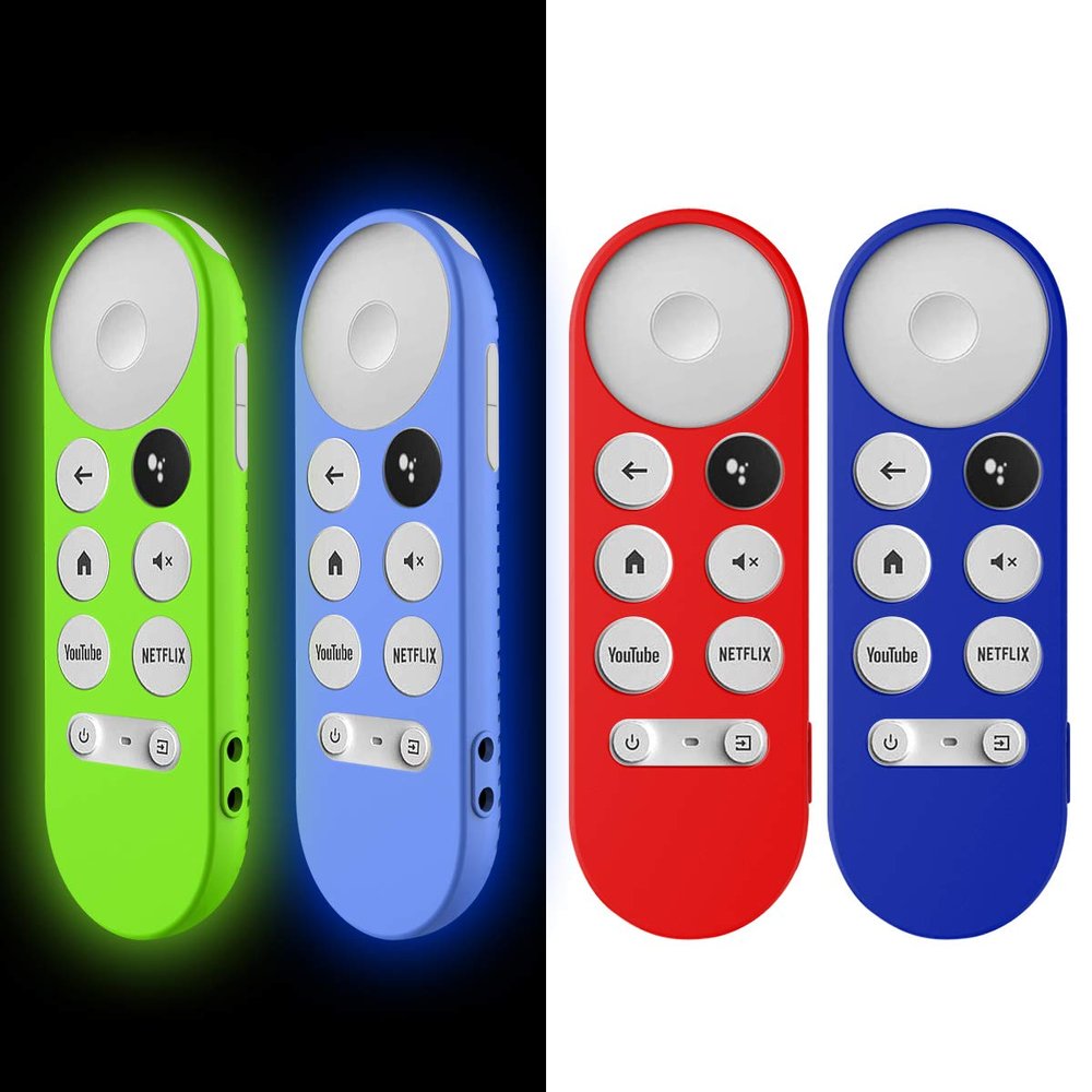 [4Pcs]Protective Case Compatible for Chromecast with Google TV Remote Control, Alquar Shockproof Silicone Skin for Google TV 2020 Voice Remote, Anti-Lost with Loop (red+dark blue+glow blue+glow green)