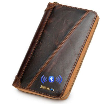 Anti-Lost Bluetooth Leather Long Purse with Alarm, Position Record (via Phone GPS), Bifold Multi Card Case with Zipper Pocket Intelligent Wallet (Coffee)