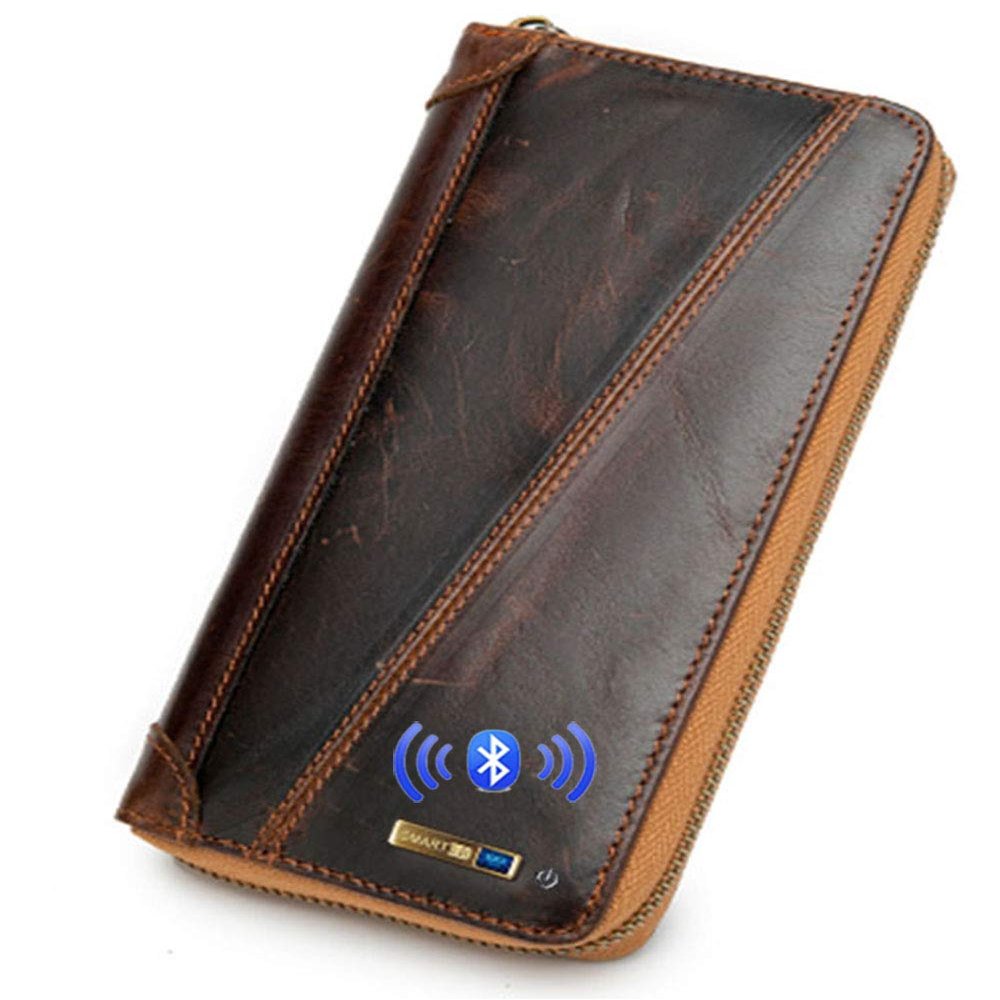 Anti-Lost Bluetooth Leather Long Purse with Alarm, Position Record (via Phone GPS), Bifold Multi Card Case with Zipper Pocket Intelligent Wallet (Coffee)