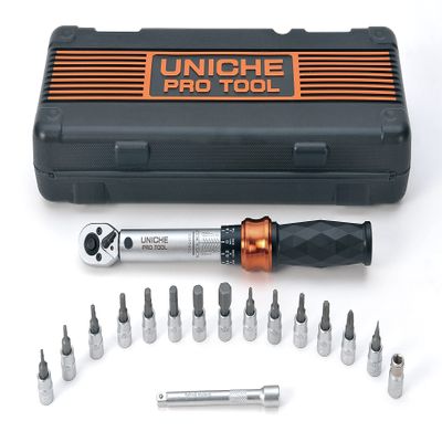 UNICHE Pro Tool 1/4 Inch Drive Click Bike Torque Wrench Set, 1-25 Nm(8.9-221.3 IN.LB), Torque Wrench Set with 15 Pcs Bit Sockets and Protective Case, For Bike, MTB, and Motorcycle Maintenance