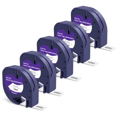 Compatible with DYMO LetraTag Refills, 5 X Transparent Refills 16952 Plastic Clear Label Maker Tape 12mm x 4m 1/2 x 13 for DYMO Letra Tag 200B LT100H LT100T QX50, (Black on Clear)
