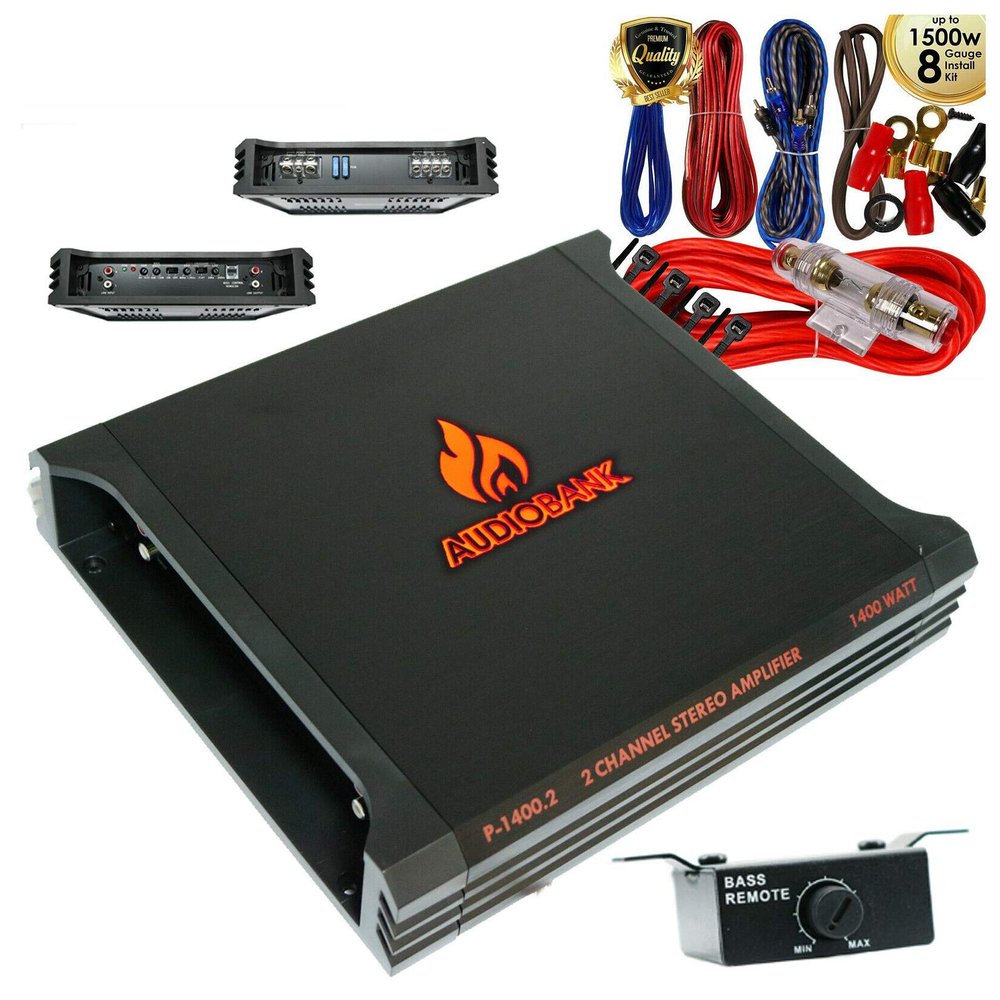 Audiobank P-1400.2 A/B Class 2 Channel 1400 Watt Car Audio Stereo Bass Amplifier with Bass Remote Control + 1500 Watts 8 Gauge Amplifier Installation Kit KIT -2nd Gen