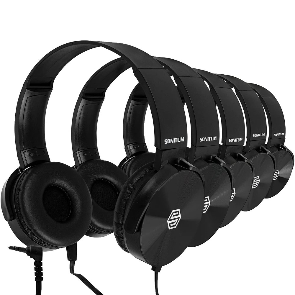 Classroom Headphones-Bulk 10-Pack, Student On Ear Color Varieties- Comfy Swivel Earphones for Library, School, Airplane, Kids-for Online Learning and Travel, HQ Stereo Sound 3.5mm Jack (Black)