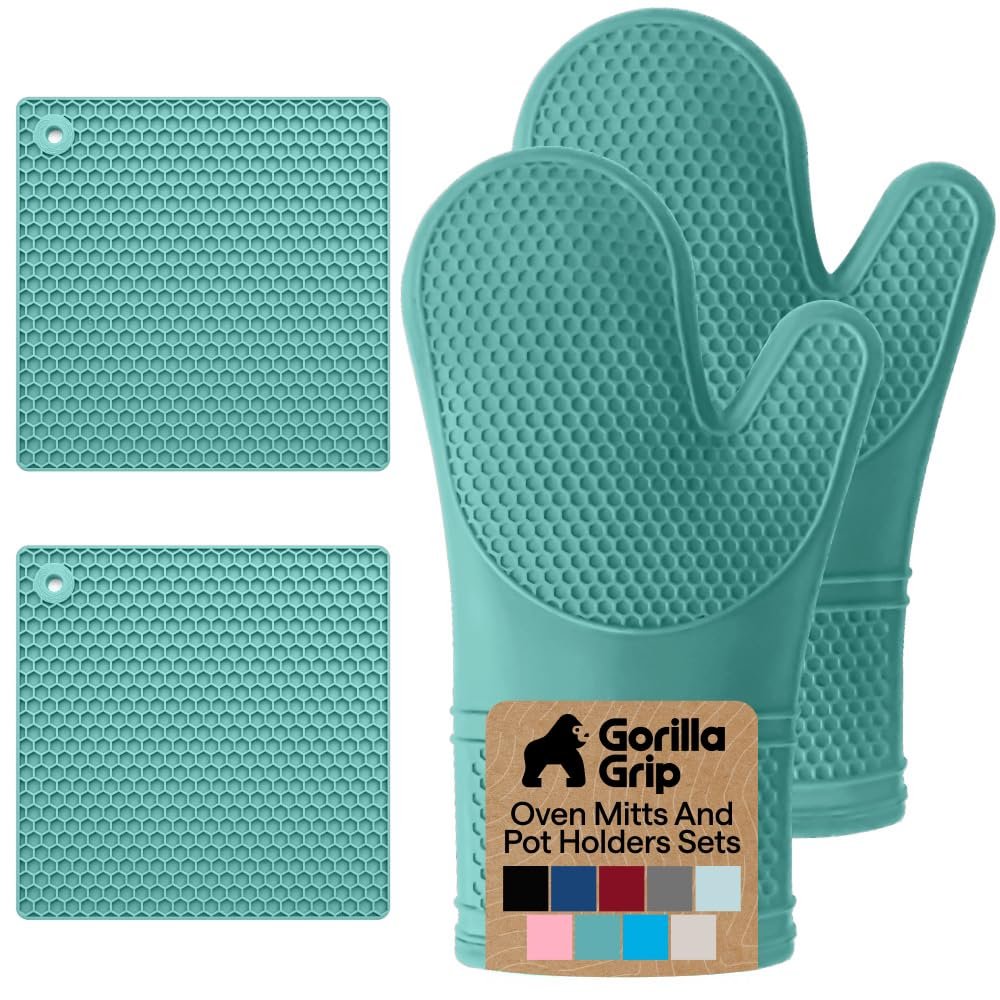 GORILLA GRIP BPA-Free Soft Silicone Oven Mitts and Pot Holders Sets, Heat Resistant Waterproof Cooking Gloves, Thick Cotton Lining, Flexible Gripping for Baking Grilling, Kitchen Trivets, Turquoise