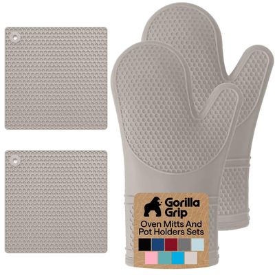 GORILLA GRIP BPA-Free Soft Silicone Oven Mitts and Pot Holders Sets of 4, Heat Resistant Waterproof Cooking Gloves, Thick Cotton Lining, Flexible Gripping for Baking Grilling, Kitchen Trivets, Almond