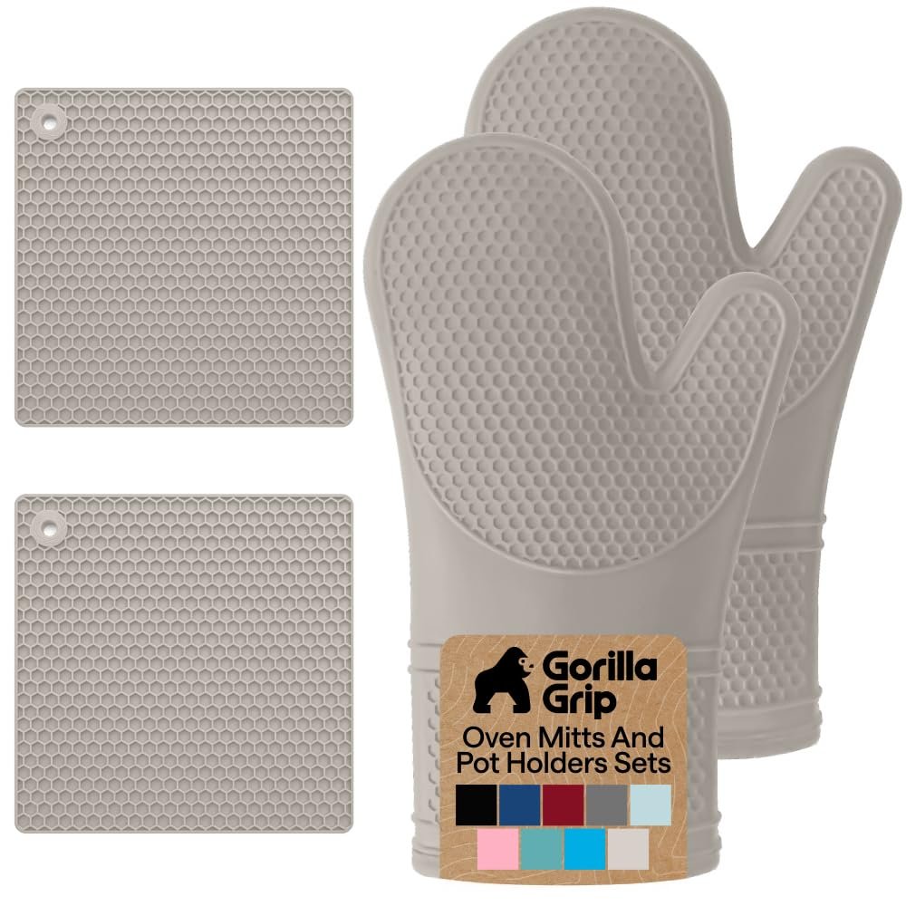 GORILLA GRIP BPA-Free Soft Silicone Oven Mitts and Pot Holders Sets of 4, Heat Resistant Waterproof Cooking Gloves, Thick Cotton Lining, Flexible Gripping for Baking Grilling, Kitchen Trivets, Almond