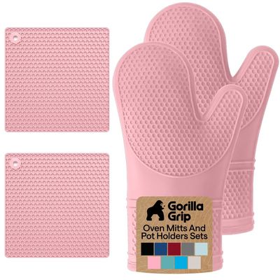 GORILLA GRIP BPA-Free Soft Silicone Oven Mitts and Pot Holders Sets of 4, Heat Resistant Waterproof Cooking Gloves, Thick Cotton Lining, Flexible Gripping for Baking Grilling, Kitchen Trivets, Pink