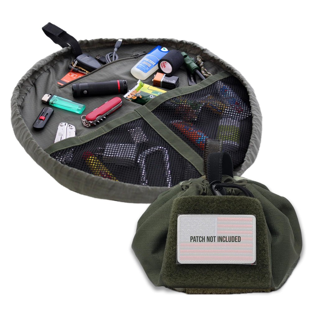 Lay-n-Go Defender Tactical Go Bag - Every Day Carry Lay-Flat Military Style Gear Stash Travel Sack w/Zippered & Mesh Pockets - Water-Resistant, Machine-Washable EDC (20", Green)