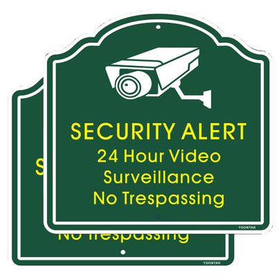24 Hour Video Surveillance Warning Reflective Sign No Trespassing Sign Security Alert 12x12 Inch Aluminum Alloy CCTV Security Camera Sign UV Printed - 2Pcs Dark Green and Yellow