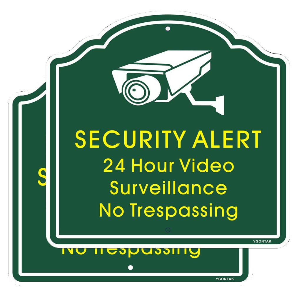 24 Hour Video Surveillance Warning Reflective Sign No Trespassing Sign Security Alert 12x12 Inch Aluminum Alloy CCTV Security Camera Sign UV Printed - 2Pcs Dark Green and Yellow