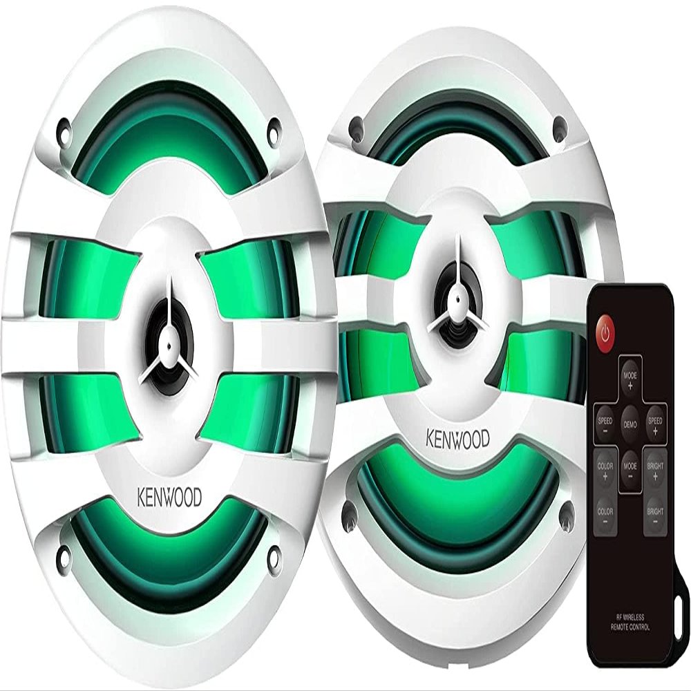 Kenwood KFC-1673MRWL 6-1/2" 2-Way Marine Speakers with Grilles (Pair) | Built-in LED Lights (White)