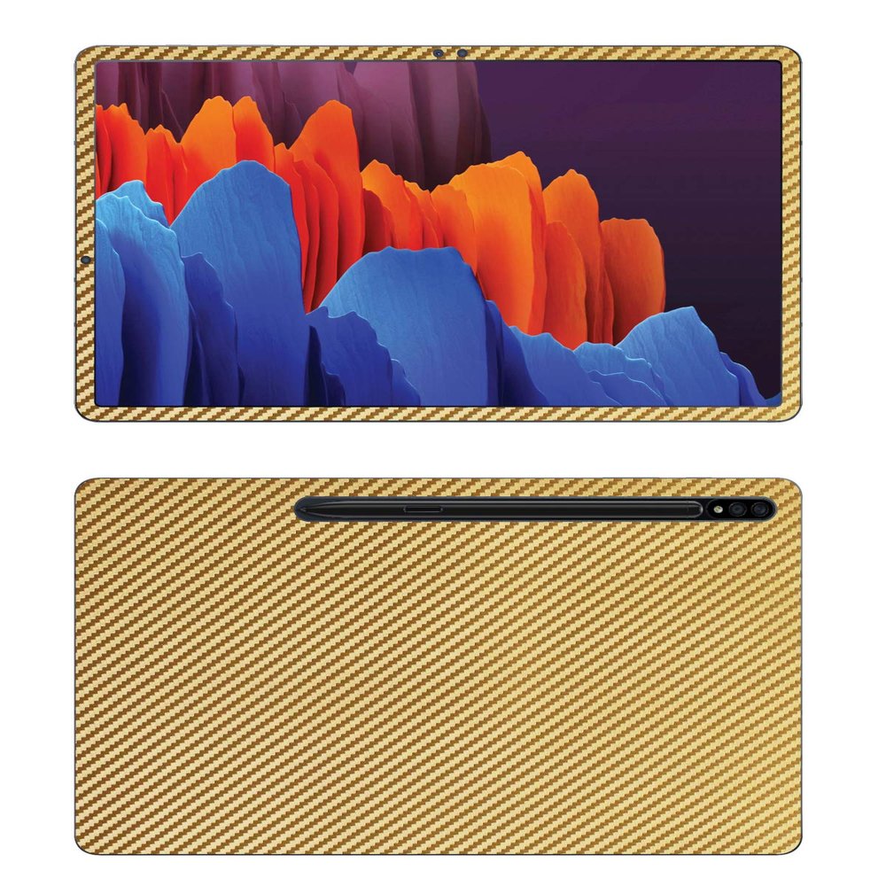 Decalrus - Protective Decal for Samsung Galaxy Tab S7 Plus (12.4" Screen) Tablet Gold Carbon Fiber Skin Skins Decal for Cover wrap CFsamsungGalaxyTab_S7plusGold
