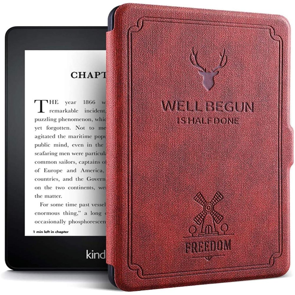 ALMIGHTY Water-Safe Case for Kindle Paperwhite 4 PU Leather Retro Cover with Auto Wake/Sleep, Fits Kindle Paperwhite 4 10th Gen 2018 Release, Wine Red
