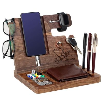Wood Phone Docking Station for Men Personalized - for Him Husband Boyfriend Birthday - Wooden Organizer Nightstand Organizer