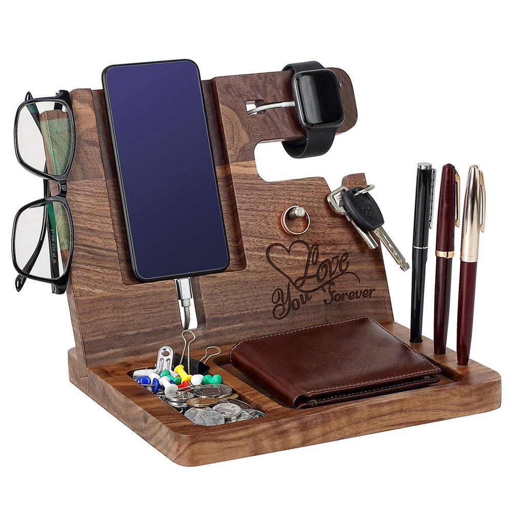 Wood Phone Docking Station for Men Personalized - for Him Husband Boyfriend Birthday - Wooden Organizer Nightstand Organizer