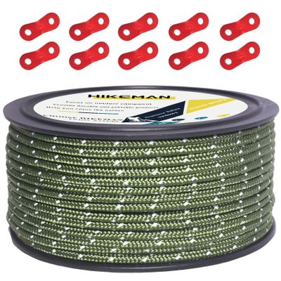 Hikeman 50m Reflective Guyline Solid Braid Nylon Camping Rope with Aluminum Adjuster Cord Tensioner Tent Accessory for Outdoor Travel,Hiking,Backpacking and Water Activities (Army Green, 5mm)
