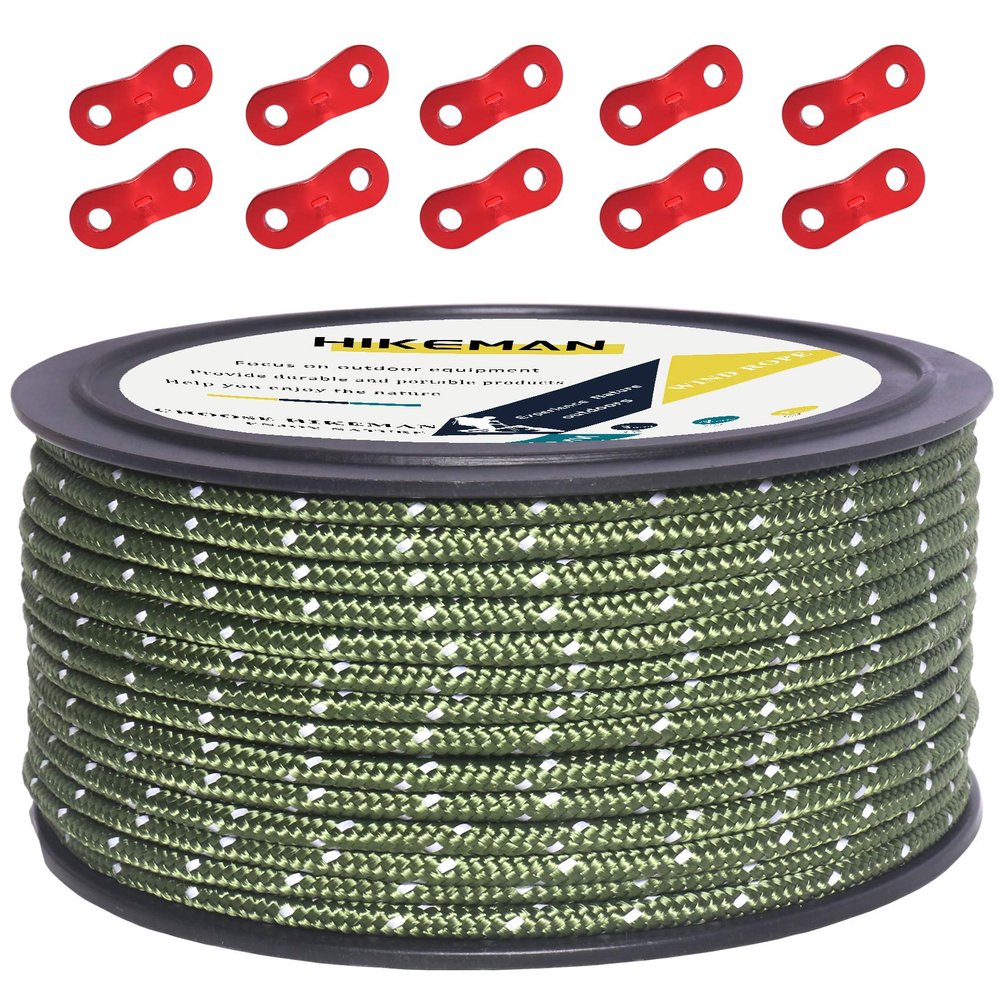 Hikeman 50m Reflective Guyline Solid Braid Nylon Camping Rope with Aluminum Adjuster Cord Tensioner Tent Accessory for Outdoor Travel,Hiking,Backpacking and Water Activities (Army Green, 5mm)