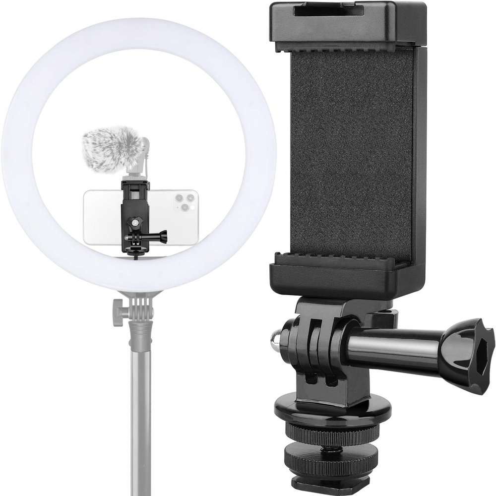 Anwenk Phone Holder Hot Shoe Mount Adapter with Cold Shoe Mount for Microphone/ Flash Light Compatible with Gopro Hero DJI Osmo Action Camera Smartphone, Attach on DSLR Camera / Ring Light/ Tripod