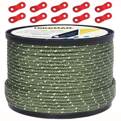 Hikeman 50m Reflective Guyline Solid Braid Nylon Camping Rope with Aluminum Adjuster Cord Tensioner Tent Accessory for Outdoor Travel,Hiking,Backpacking and Water Activities (Army Green, 4mm)