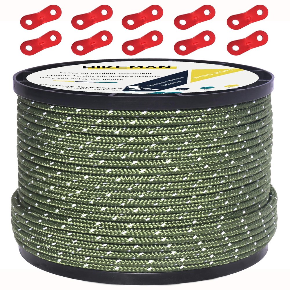 Hikeman 50m Reflective Guyline Solid Braid Nylon Camping Rope with Aluminum Adjuster Cord Tensioner Tent Accessory for Outdoor Travel,Hiking,Backpacking and Water Activities (Army Green, 4mm)