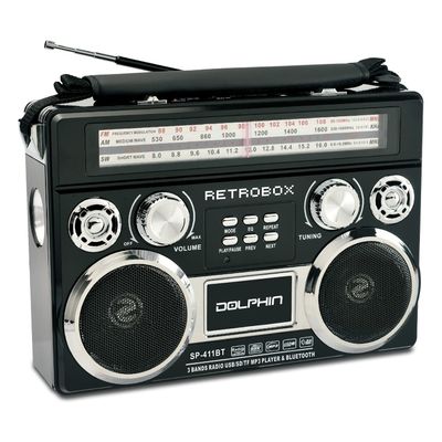 Dolphin Retrobox Portable Bluetooth AM/FM/SW Radio with Antenna, Black