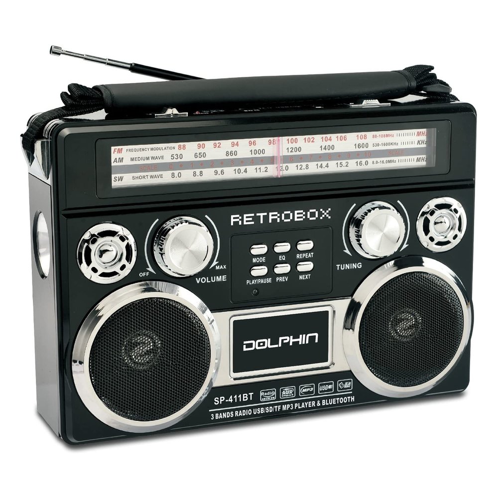 Dolphin Retrobox Portable Bluetooth AM/FM/SW Radio with Antenna, Black