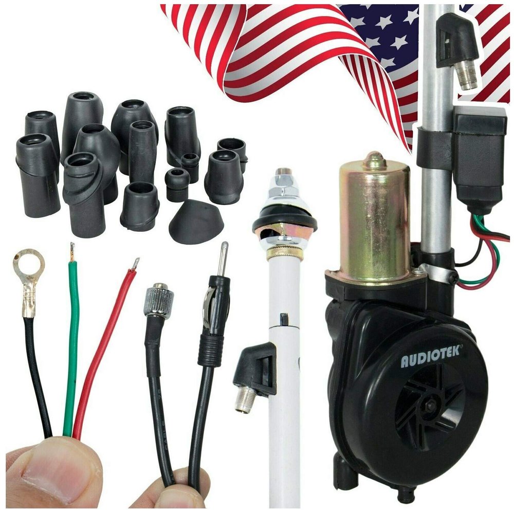 Audiotek Waterproof Universal Electric Power Automatic Antenna Car SUV AM FM Radio Mast Aerial 12V Made with Stainless Steel Built-in Imported Micro Relays, 3C-2V Coaxial Cable