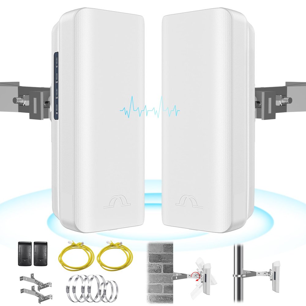 5.8GHz Point to Point Outdoor Wireless Bridge with 2 100 Mbps Ports and Bracket Mounts, Wifi Bridge, Ethernet Bridge, Starlink WiFi Extender, 12 dBi Antenna, 2KM Transmission for Starlink Gen 3 Router
