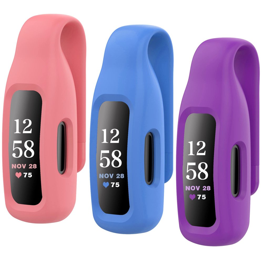 HSWAI 3-Pack Clips Replacement for Fitbit Inspire 2/Fitbit Inspire 3, Soft Comfortable Silicone Clip 360Protection Holder Accessory Compatible with Fibit Inspire 2/3Official Red/Blue/Purple
