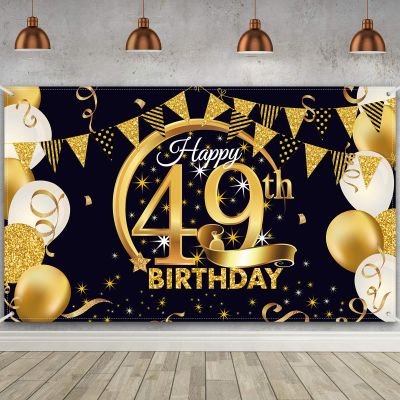 49th Birthday Party Decoration, Extra Large Fabric Black Gold Sign Poster for Anniversary Photo Booth Backdrop Background Banner, Birthday Party Supplies, 72.8 x 43.3 Inch