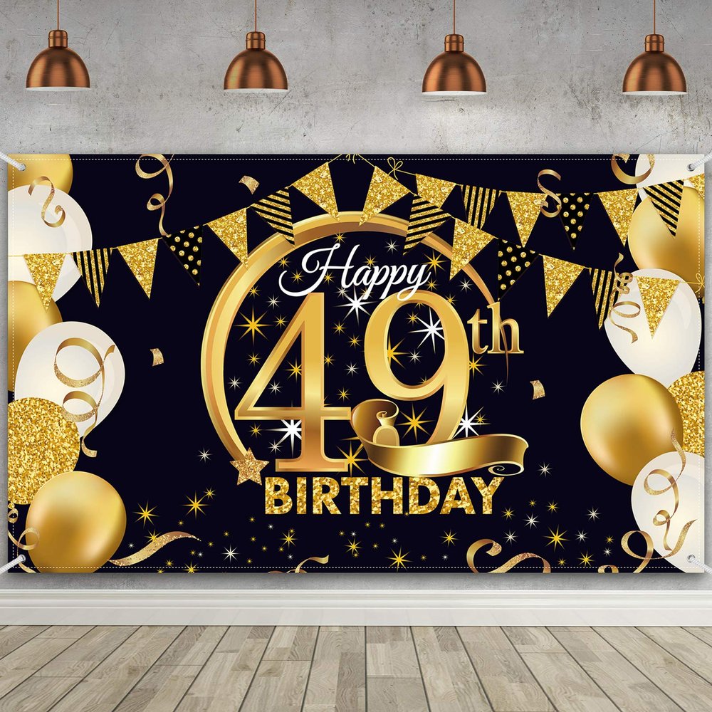 49th Birthday Party Decoration, Extra Large Fabric Black Gold Sign Poster for Anniversary Photo Booth Backdrop Background Banner, Birthday Party Supplies, 72.8 x 43.3 Inch