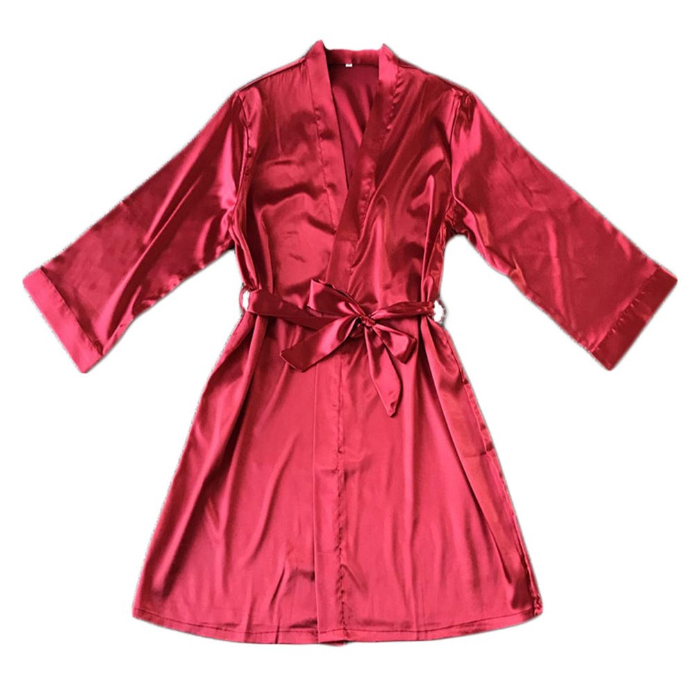 Andongnywell Women's Solid Color Satin Robe Dressing Gown Kimono Sleepwear Nightshirt with Pockets Drawstring (Red Wine,Medium)
