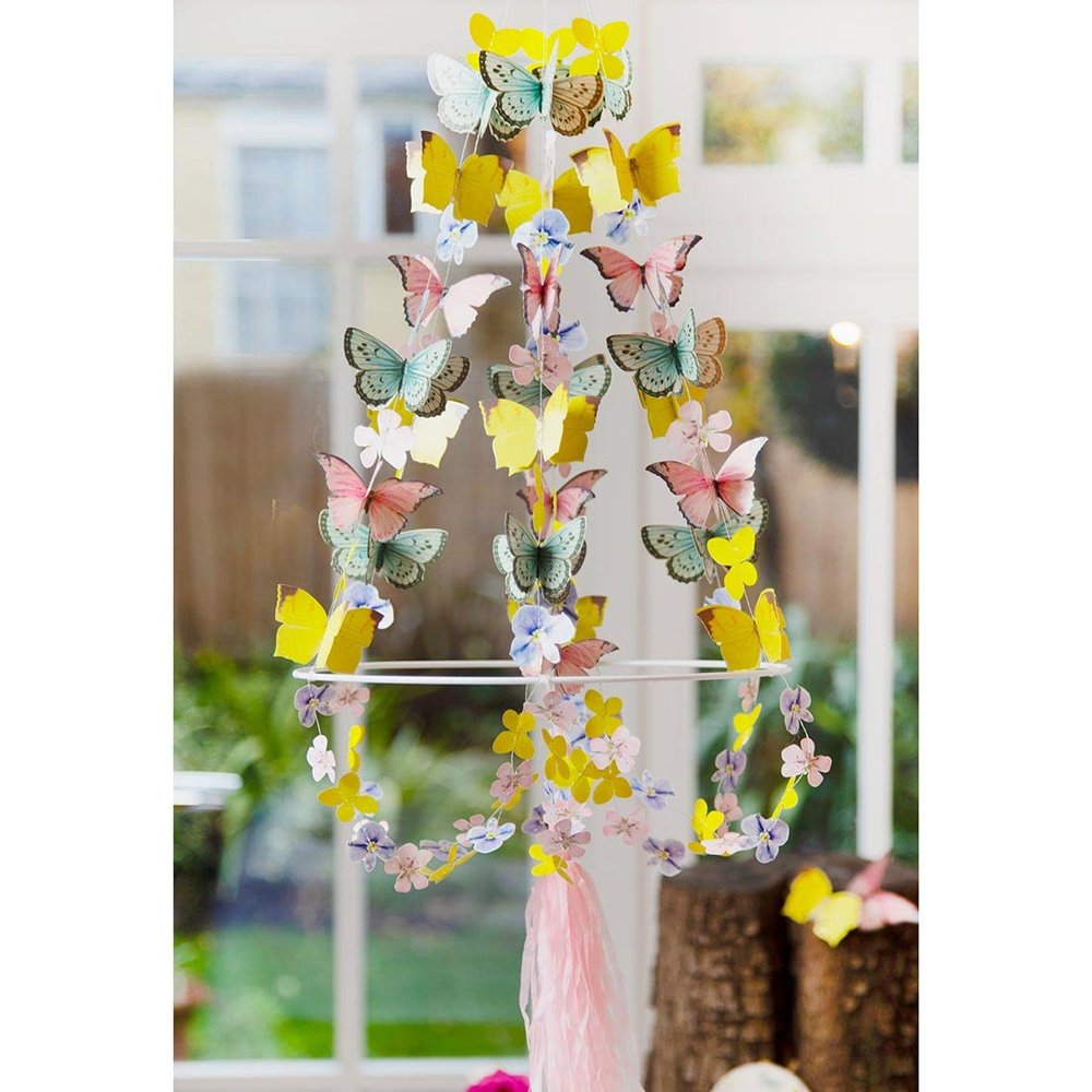 5m (16ft) Pastel 3D Butterfly Chandelier | Wire Hanging Decoration | Supplies for Kid's Birthday Party, Woodland Fairies Theme, Girls Bedroom Accessories