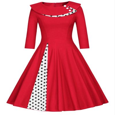 Andongnywell Womens Long Sleeve Pleated Loose Swing Casual Dress Length Patchwork Solid Color Vintage Dresses (Red,X-Large)