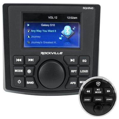 Rockville RGHR45 72W x 4 Marine Gauge Receiver, Bluetooth, 4-Zone Volume, IP66 Waterproof, Rear Camera Input, USB Video, RCA A/V, Wired Remote, AM/FM, for Boats and Powersports